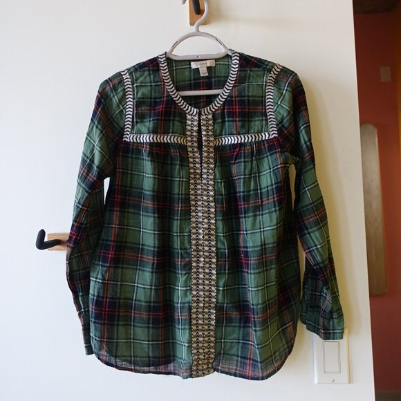 J. Crew 07599 Green Holiday Tartan Plaid Embroidered Popover V Neck Blouse 0 - Picture 5 of 14